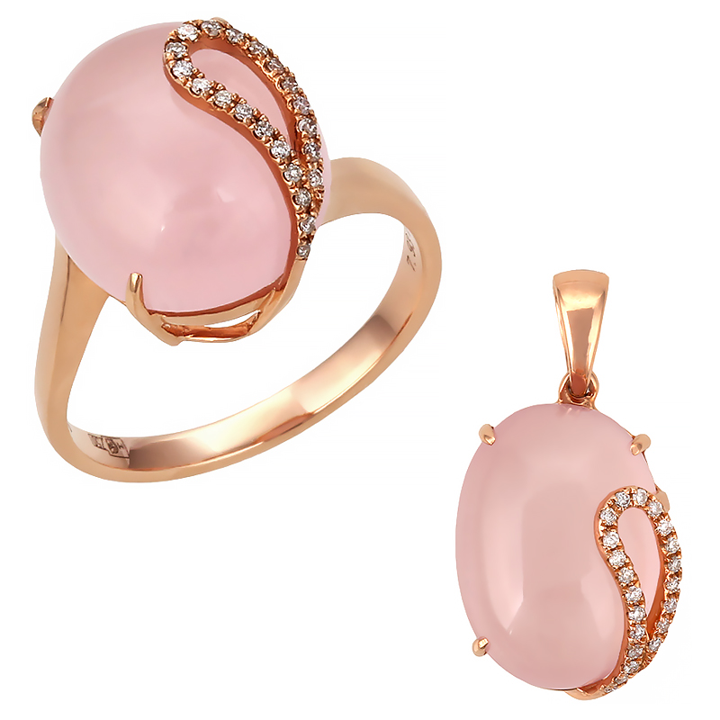 Кольцо с овальным розовым кварцем с бриллиантовой каплей золото 750