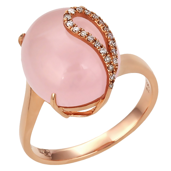 Кольцо с овальным розовым кварцем с бриллиантовой каплей золото 750