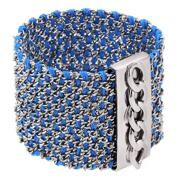 Кольцо плетеное широкое,родий,голубой шелк