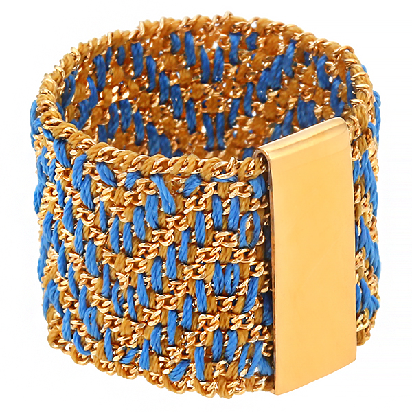 Кольцо плетеное широкое,золото,голубой шелк