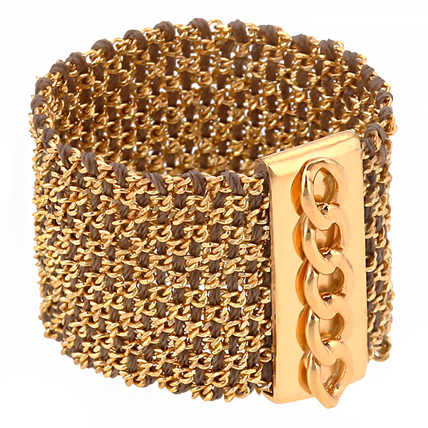 Кольцо плетеное широкое,золото,коричневый шелк