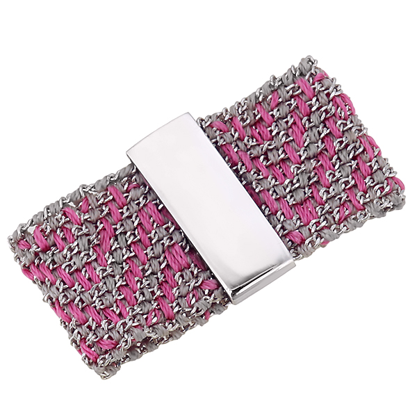 Кольцо плетеное широкое,родий,розовый шелк