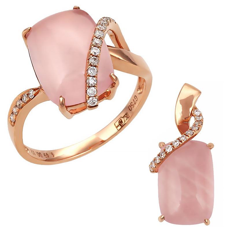 Розовый кварц с дорожкой из бриллиантов золото 750